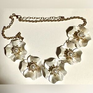 Gold-tone choker with White Magnolia/Dogwood flowers with rhinestones&pearls